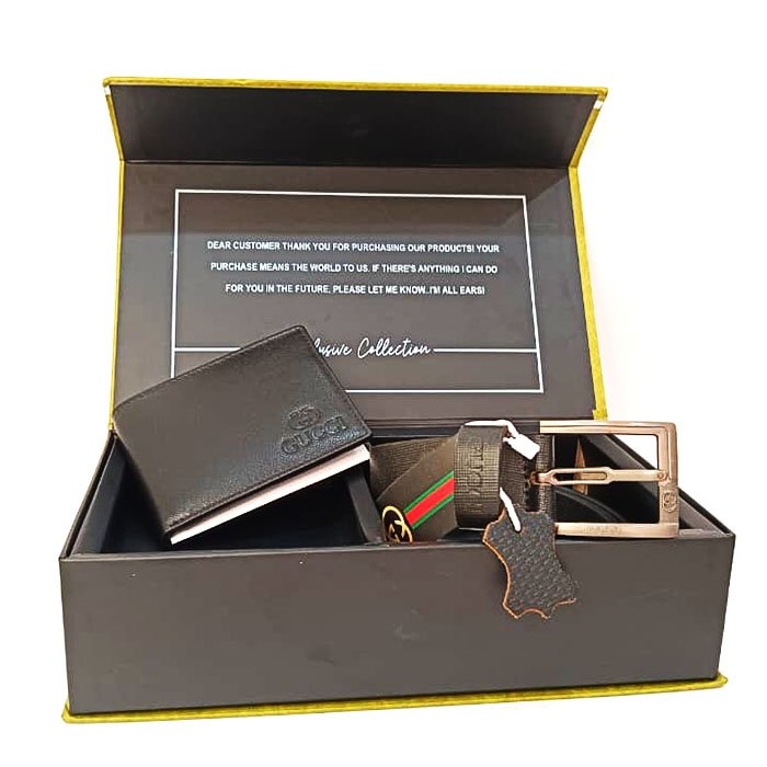 COMBO- GUCCI Men Black Leather Wallet & Belt Gift Set – Premium Gift Box Combo