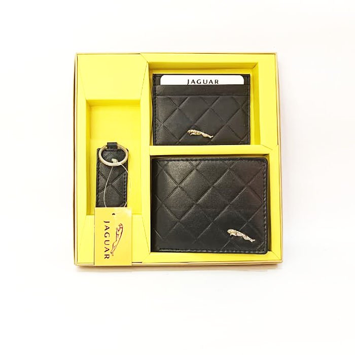 Jaguar Men Black Quilted Wallet & Keychain Gift Set