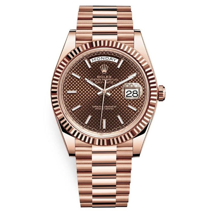 Rolex Day Date 40mm Chocolate Diagonal Motif Stick Dial & Fluted Bezel, 18K Rose Gold President Bracelet Men Watch