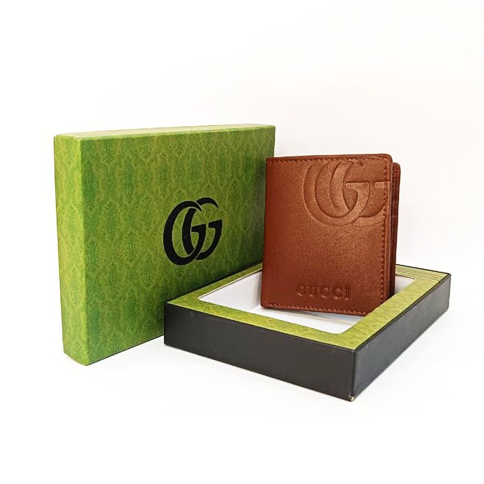 Gucci Men Brown Leather Embossed GG Pattern Wallet with Gift Box